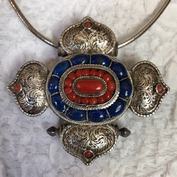 VINTAGE Etched Sterling Silver 925 Orange Blue stones Serpentine Chain Southwest - Picture 6 of 16